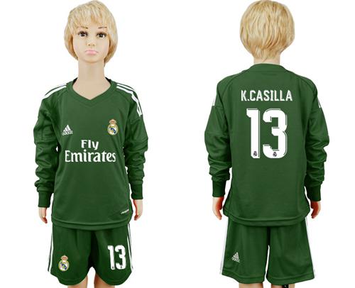 Real Madrid #13 K.Casilla Green Goalkeeper Long Sleeves Kid Soccer Club Jersey - Click Image to Close